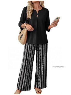 Two Piece Lounge Set 3/4 Sleeve Notched V-Neck Wide Leg Pants Travel Outfit